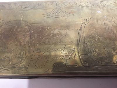 Lot 132 - 18th century Dutch brass tobacco box, elongated rectangular form, engraved to top and bottom with text and figural scenes, 16cm long, together with an 18th / 19th century Continental bronze and gil...