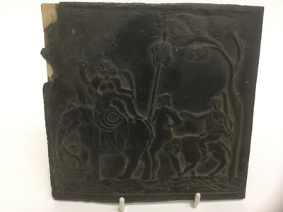 Lot 1747 - Rare 19th century carved slate panel, in low relief with scene of procession of figures riding an elephant and gorilla, signed verso Apply Sculp, 1880, 15 x 16cm