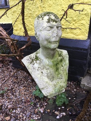 Lot 1878 - 19th century weathered plaster bust of a gentleman, named to the base Henry Dufou, 60cm high