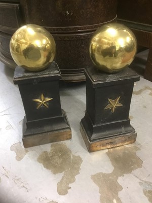 Lot 1802 - Pair of 19th century brass and iron firedogs, architectural form with stellar motif, 25cm