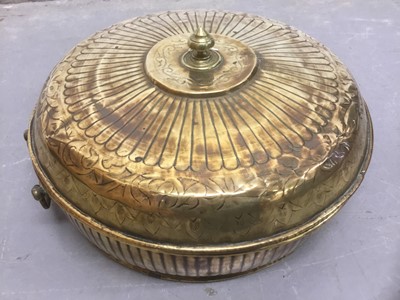 Lot 1804 - 19th century Continental brass brazier and cover, of compressed circular form, the domed cover with central knop and reeded and incised ornament