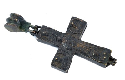 Lot 1805 - Fine Byzantine bronze reliquary cross, in fine condition, hinged crucifix modelled to one face with Christ and script, the reverse with saints, hinged suspension knuckle above, 13cm high