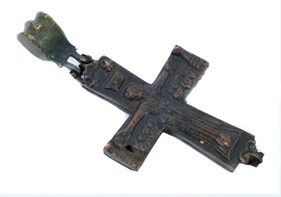 Lot 1805 - Fine Byzantine bronze reliquary cross, in fine condition, hinged crucifix modelled to one face with Christ and script, the reverse with saints, hinged suspension knuckle above, 13cm high