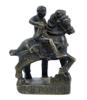 Lot 1806 - Scarce and fine antique bronze figure of a warrior on horseback, possibly a chariot mount, the finely preserved bronze with incised script and Chi Rho emblem, socket to base for mounting, possibly...