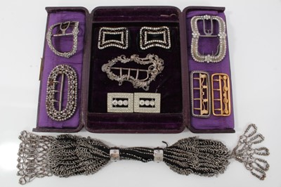 Lot 466 - Georgian cut steel misers purse, together with a collection of ten Georgian and later paste and other buckles, containing in a leather jewel case (12 items)