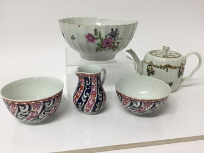 Lot 142 - A Worcester teapot and cover, circa 1775, a Worcester bowl, a Worcester Queen Charlotte pattern jug and two bowls