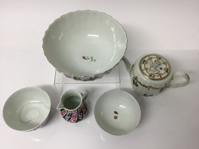 Lot 142 - A Worcester teapot and cover, circa 1775, a Worcester bowl, a Worcester Queen Charlotte pattern jug and two bowls