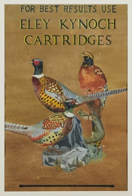 Lot 1019 - Early 20th century watercolour advert 'For Best Results Use Eley Kynoch Cartridges' depicting a group of Cock Pheasants, mounted in glazed frame, 50 x 33cm, 68 x 51cm overall