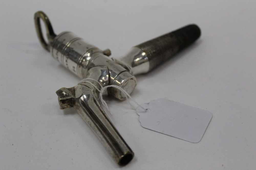 Lot 2388 - 19th century silver plated wine or brandy tap, by Farrow and Jackson, London and Paris, with removable key, stamped, Farrow & Jackson, proved to 200lbs. Numbered 98