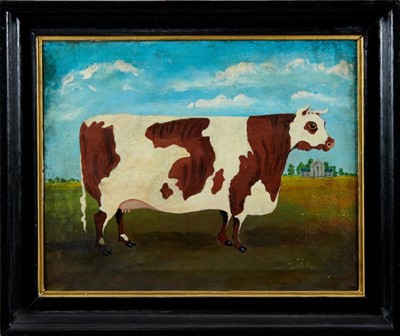 Lot 1224 - Naive School oil on canvas - a prize cow, in ebonised frame