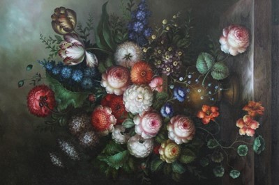 Lot 215 - Good decorative oil on canvas - still life of summer flowers, in ebonised frame