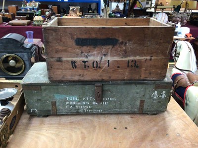 Lot 2468 - Two Second World War wooden boxes together with a tin trunk (rusty)