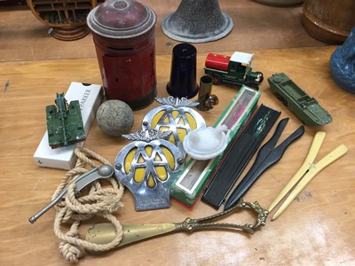 Lot 289 - Two Vintage AA badges together with a George V money box in the form of a post box, bosuns whistle, Parker pen and sundry items (qty)