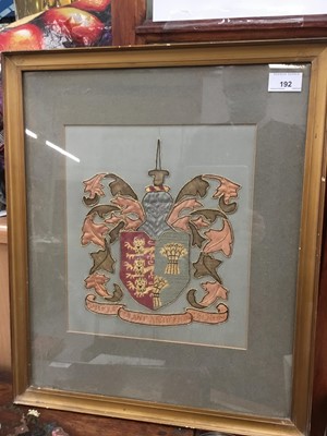 Lot 192 - Edwardian embroidered silk armorial picture in glazed frame