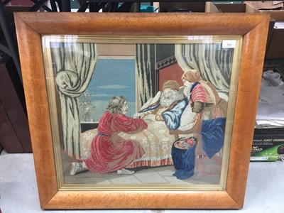 Lot 193 - Victorian embroidered wool picture of a bedroom scene in original burr maple frame 65 x 71 cm overall
