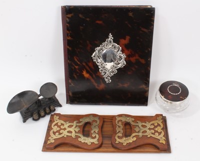 Lot 754 - Early 20th century silver mounted blotter, dressing table tidy, book rest, scales