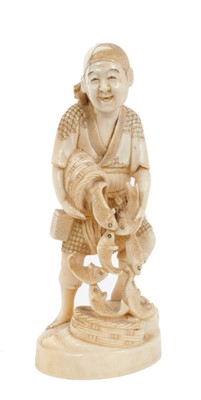 Lot 752 - Japanese Meiji period carved ivory okimono of a fisherman