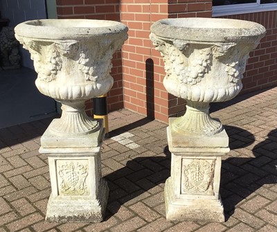 Lot 1 - Pair concrete garden urns on plinths H107, W57,...