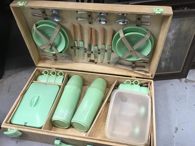 Lot 199 - Stylish 1930s picnic set with green Bakelite and nickel plated fittings and 1950s Brexton picnic set (2)