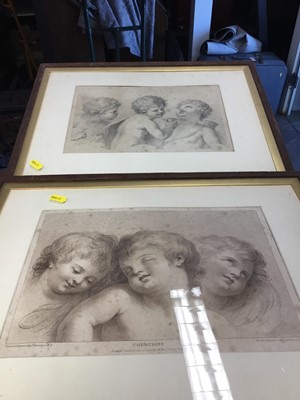 Lot 429 - Two 18 th century Bartolozzi engravings of cherubs, religious watercolour and still life