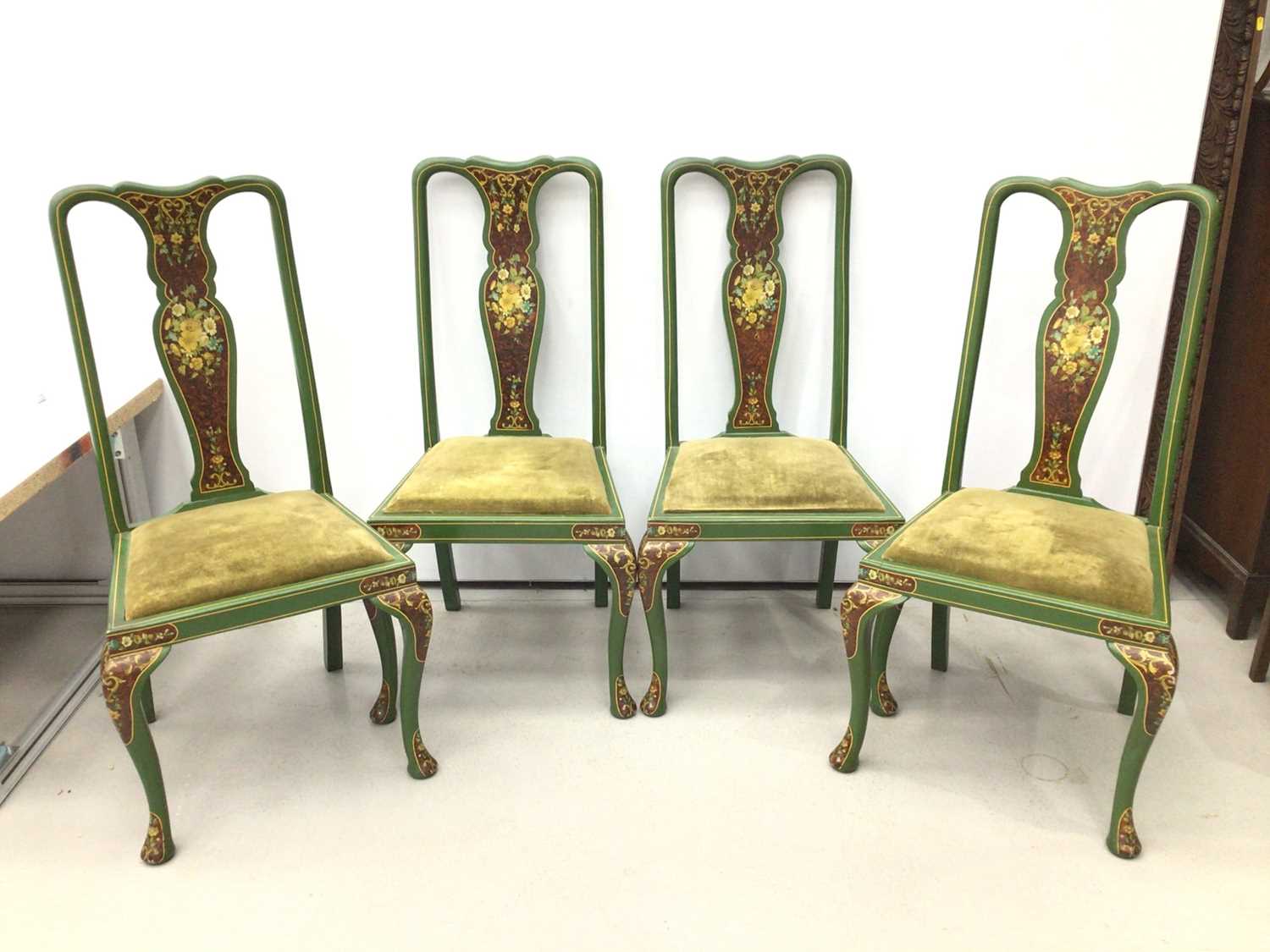 Lot 123 - Set of four green painted dining chairs with two rush seated chairs