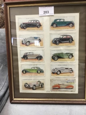 Lot 203 - Collection motoring cigarette cards in five glazed frames