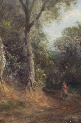 Lot 1112 - John Moore (1820-1902), oil on panel, A woodland scene with a figure on a track, signed, in gilt frame, 20 x 16cm