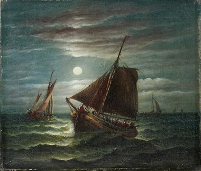 Lot 1113 - John Moore (1820-1902), oil on canvas, A moonlit seascape with fishing vessels, signed, unframed, 31 x 36cm