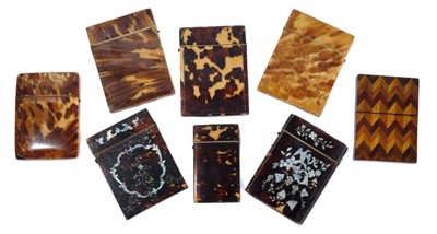 Lot 787 - Seven 19th century tortoishell veneered visiting card cases and a parquetry inlaid card case (8)