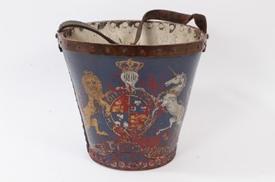 Lot 816 - Early 20th century leather studded fire bucket painted with the Royal Coat of Arms, on blue ground