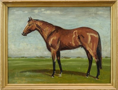 Lot 1017 - Manner of Sir Alfred Munnings, oil on board, A bay hunter in a landscape, in gilt frame, 29 x 38cm