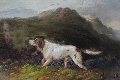 Lot 1018 - Pair of 19th century Continental School oils, Hunting dogs in landscapes, on circular concave white metal, in metal frames, 29cm diameter