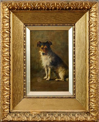 Lot 1244 - Henry John Dobson (1858-1928), oil on board, A seated terrier, signed with initials in gilt frame, 23 x 14cm