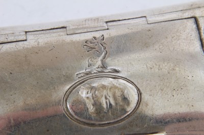 Lot 438 - George III silver snuff box of rectangular cushion form with engraved armorial to hinged cover, (Birmingham 1809), maker Joseph Willmore, 6cm in length