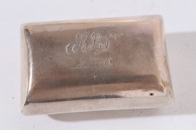 Lot 438 - George III silver snuff box of rectangular cushion form with engraved armorial to hinged cover, (Birmingham 1809), maker Joseph Willmore, 6cm in length