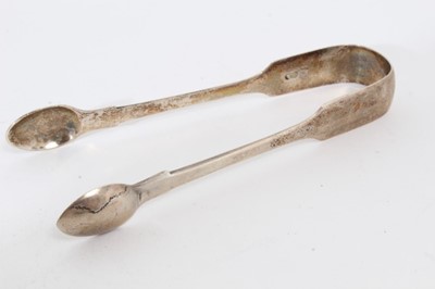 Lot 415 - Pair of George III silver sugar tongs with brightcut engraved decoration, (London 1807), maker Thomas Wallis II, together with six other pairs of Georgian and later silver sugar tongs