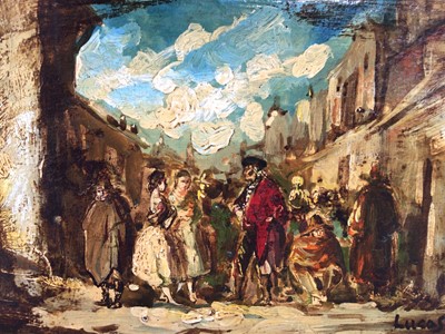 Lot 1245 - Eugenio Lucas Velasquez (1817-1870), oil on panel, A street scene with many figures, signed Lucas, unframed, 16 x 22cm