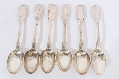 Lot 416 - Set of six Victorian silver fiddle pattern teaspoons (London 1881), maker George Adams, 6oz, each 14cm in length