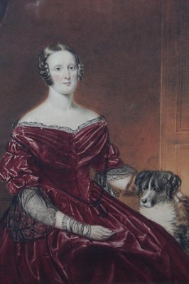 Lot 1261 - Hope J. Stewart, watercolour, An elegant lady seated in an interior, her dog at her feet, signed and dated 18476, in gilt frame, 50 x 40cm