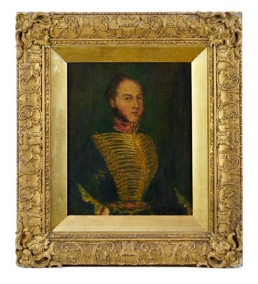 Lot 1246 - C. E. Stewart, a late 19th century oil on canvas of Captain William Stewart (1798-1857), Royal Artillery, signed and inscribed verso, in gilt frame, 29 x 23cm