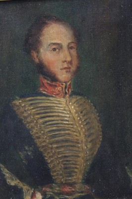 Lot 1246 - C. E. Stewart, a late 19th century oil on canvas of Captain William Stewart (1798-1857), Royal Artillery, signed and inscribed verso, in gilt frame, 29 x 23cm