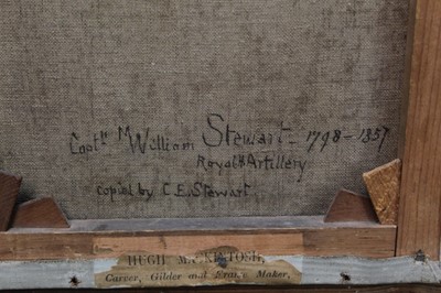 Lot 1246 - C. E. Stewart, a late 19th century oil on canvas of Captain William Stewart (1798-1857), Royal Artillery, signed and inscribed verso, in gilt frame, 29 x 23cm