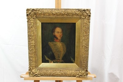Lot 1246 - C. E. Stewart, a late 19th century oil on canvas of Captain William Stewart (1798-1857), Royal Artillery, signed and inscribed verso, in gilt frame, 29 x 23cm