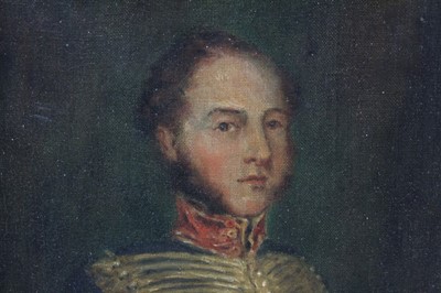 Lot 1246 - C. E. Stewart, a late 19th century oil on canvas of Captain William Stewart (1798-1857), Royal Artillery, signed and inscribed verso, in gilt frame, 29 x 23cm