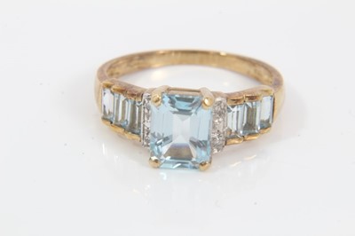 Lot 503 - Aquamarine and diamond dress ring with rectangular step cut stones in 9ct gold setting in 9ct gold setting and an aquamarine  and blue sapphire dress ring in 9ct gold setting.