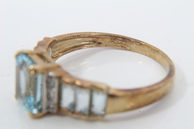 Lot 503 - Aquamarine and diamond dress ring with rectangular step cut stones in 9ct gold setting in 9ct gold setting and an aquamarine  and blue sapphire dress ring in 9ct gold setting.