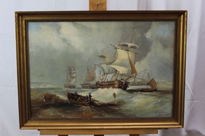 Lot 1249 - Edwin H. Fletcher (1857-1945), oil on canvas laid on board, A square rigged vessel and other shipping in the Channel, signed and dated 1919, in gilt frame, 40 x 60cm