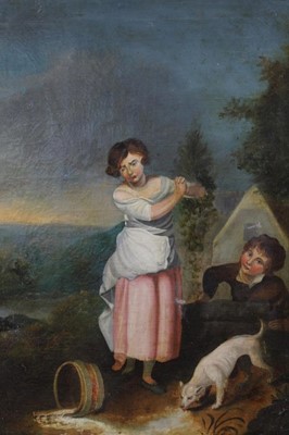 Lot 1248 - Mid 19th century English School, oil on canvas, A landscape with children by a well with their dog licking spilt milk, gilt and painted frame, 65 x 50cm