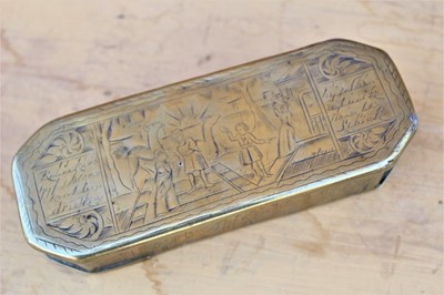 Lot 1769 - 18th century Dutch engraved brass tobacco box of canted oblong form engraved with animals, figures and verse, 16cm long