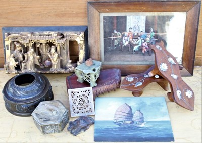 Lot 1773 - Chinese pierced giltwood relief panel carved with noblemen and attendants, Chinese rice paper painting, soapstone ornaments, gouache painting depicting a junk and other oriental items